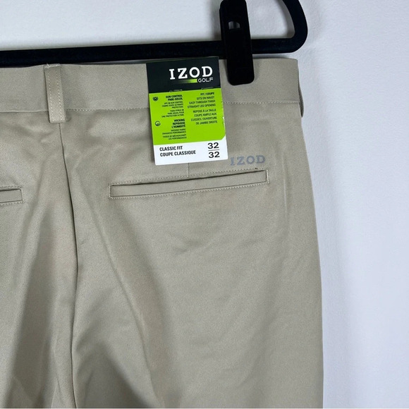 Izod Mens Golf Pants Khaki Beige Classic Fit Flat Front Chino Business 32x32 NWT - Picture 7 of 11